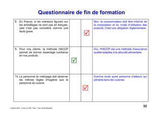 52Caddie Frais® - un jeu du CIPE, Paris - Tous Droits Réservés
8. En France, si les mentions figurant sur
les emballages ne sont pas en français,
cela n'est pas considéré comme une
faute grave.
Non, le consommateur doit être informé de
la composition et du mode d'utilisation des
produits. C'est une obligation réglementaire.
9. Pour nos clients, la méthode HACCP
permet de donner davantage confiance
en nos produits.
Oui, l'HACCP est une méthode d'assurance
qualité adaptée à la sécurité alimentaire.
10. Le personnel du nettoyage doit observer
les mêmes règles d'hygiène que le
personnel de cuisine.
Comme toute autre personne d'ailleurs qui
pénètre dans les cuisines.
Questionnaire de fin de formation
 