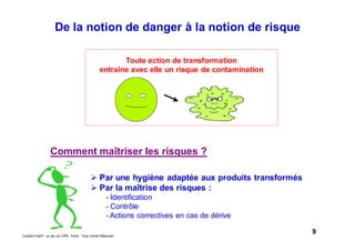 9Caddie Frais® - un jeu du CIPE, Paris - Tous Droits Réservés
Toute action de transformation
entraîne avec elle un risque de contamination
De la notion de danger à la notion de risque
Comment maîtriser les risques ?
Par une hygiène adaptée aux produits transformés
Par la maîtrise des risques :
- Identification
- Contrôle
- Actions correctives en cas de dérive
 