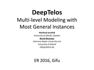 DeepTelos
Multi-level Modeling with
Most General Instances
Manfred Jeusfeld
University of Skövde, Sweden
Bernd Neumayr
Johannes Kepler University Linz
University of Oxford
FREQUENTIS AG
ER 2016, Gifu
 