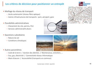 40
• Maillage du réseau de transport
– Accès autoroutier (réseau fibre optique)
– Autres infrastructures de transports : port, aéroport, gare
• Possibilités administratives
– Classement du site, permis, PLU
– Services administratifs divers
• Questions subsidiaires
– Nature du sol
– Conditions climatiques
• Autres paramètres
– Coût de la terre / Gestion des déchets / Maintenance, entretien, …
– Eau, gaz, électricité / Connectivité réseau informatique
– Main d'œuvre / Accessibilité (transports en commun)
Les critères de décision pour positionner un entrepôt
Tout droit réservé - CIPE 2017 - www.CIPE.fr
 