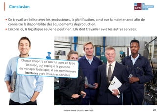 20
• Ce travail se réalise avec les producteurs, la planification, ainsi que la maintenance afin de
connaitre la disponibilité des équipements de production.
• Encore ici, la logistique seule ne peut rien. Elle doit travailler avec les autres services.
Conclusion
Tout droit réservé - CIPE 2021 - www.CIPE.fr
 