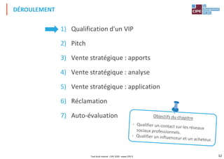 12
1) Qualification d'un VIP
2) Pitch
3) Vente stratégique : apports
4) Vente stratégique : analyse
5) Vente stratégique : application
6) Réclamation
7) Auto-évaluation
DÉROULEMENT
Tout droit réservé - CIPE 2020 - www.CIPE.fr
 