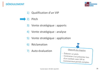 20
1) Qualification d'un VIP
2) Pitch
3) Vente stratégique : apports
4) Vente stratégique : analyse
5) Vente stratégique : application
6) Réclamation
7) Auto-évaluation
DÉROULEMENT
Tout droit réservé - CIPE 2020 - www.CIPE.fr
 
