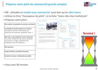 26
• NB : utilisable en rendez-vous commercial aussi bien qu'en after-hours
• Utilisez la fiche "Concepteur de pitch", et la fiche "Votre rôle chez ConfoCycle"
• Préparez votre pitch :
• Vous avez 30 minutes
Préparez votre pitch de commercial grands comptes
Ma société, ses produits et services, ses clients
Les bénéfices qu’elle apporte à ses clients
(innovation, sécurité, commodité, prix,
protection de la planète, sympathie, choix…)
Mon job, ce que j’apporte à mon entreprise
(CA, profit, satisfaction des clients, efficacité
des processus, image, satisfaction des
employées, sécurité, expertise…)
Mes passions
Sujets d’intérêt, actualité du business
Questions à poser, collaboration possible
Terminé !
Gagnant gagnant, le jeu de la vente stratégique®, un jeu du CIPE
chap. 2
Concepteur de pitch
Contenus
▪ Ma société
▪ Les bénéfices qu'elle apporte à ses
clients
▪ Mon job, ce que j'apporte à mon
entreprise : réponses à des
motivations de Manager VIP
▪ Posez des questions sur lui/elle
▪ Partagez des vues sur le business,
un secteur, etc.
▪ Identifiez des intérêts communs et
opportunités de collaboration

Comportement professionnel
▪ Empathique : en écoute, amical, intéressé,
passionné, prêt à rendre service
▪ Assertif : direct, convainquant, positif,
collaboratif, fiable
▪ Rapide : bref, ménageant le temps du VIP

Niveaux de résultat
▪ 0 - rien ne se passe
▪ 1 - il ou elle donne un bon conseil
▪ 2 - il ou elle donne un contact
▪ 3 - il ou elle donne son contact
▪ 4 - vous avez conclu un rendez-vous

Motivations universelles des individus et des dirigeants

Motivations individuelles
SONCASE
Motivations de dirigeants
CAPRISSE
▪ Sécurité
▪ Orgueil
▪ Nouveauté
▪ Commodité
▪ Argent
▪ Sympathie
▪ Environnement
▪ Chiffre d'Affaires
▪ Profit
▪ Responsabilité
▪ Image et environnement
▪ Satisfaction des clients
▪ Satisfaction du personnel
▪ Efficacité des processus
Gagnant gagnant, le jeu de la vente stratégique®, un jeu du CIPE
Votre rôle de commercial
grands comptes chez ConfoCycle
 Vous êtes vous-même,
avec vos études, votre expérience,
votre carrière et vos hobbies.
 Vous venez d’être embauché comme commercial B2B dans l’entreprise
ConfoCycle.
 C’est un réseau d’importation et de distribution de cycles d’un grand nombre
de fabricants avec 55 boutiques de vente et ateliers de réparation en France.
Ses techniciens sont des experts formés par ses propres formateurs.
 ConfoCycle a une image à la fois high-tech, avec chaque année beaucoup de
nouveautés, haut de gamme autant pour les débutants exigeants que les
professionnels, et de proximité par ses nombreux sponsors d’associations et
compétitions locales.
 Elle recrute des commerciaux très attachés à la satisfaction et au suivi des
clients. Le siège à Paris comprend 30 commerciaux comme vous. Chacun peut
vendre où il le souhaite en dehors des particuliers, qui sont couverts par des
agences. Votre objectif de C.A. est de 900.000 euros par an, soit 80 à 120 vélos
par mois avec les accessoires.
Votre rôle chez ConfoCycle

chap. 1
Tout droit réservé - CIPE 2020 - www.CIPE.fr
 
