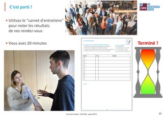 27
Page 9
/ Carnet d'entretiens
/ Vos rendez-vous en tant que commercial grand compte :
▪ Utilisez les news du secteur pour entretenir la conversation
▪ Soyez direct, sympathique, clair, attentif, intéressant
▪ Ne vendez pas un produit ou un service, mais vendez un rendez-vous
▪ Améliorez votre pitch au fur et à mesure avec les feedbacks
/ Notes :
6
N° VIP : 0 à 4 Feedback
1
2
3
4
5
6
7
/ Niveaux de résultat :
0 - rien ne se passe
1 - il ou elle donne un bon conseil
2 - il ou elle donne un contact
3 - il ou elle donne son contact
4 - vous avez conclu un rendez-vous
• Utilisez le "carnet d'entretiens"
pour noter les résultats
de vos rendez-vous
• Vous avez 20 minutes
C'est parti !
Terminé !
Tout droit réservé - CIPE 2020 - www.CIPE.fr
 