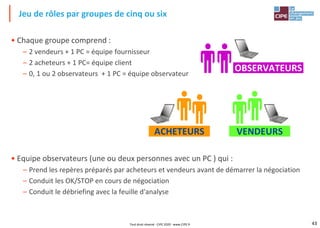 43
• Chaque groupe comprend :
– 2 vendeurs + 1 PC = équipe fournisseur
– 2 acheteurs + 1 PC= équipe client
– 0, 1 ou 2 observateurs + 1 PC = équipe observateur
• Equipe observateurs (une ou deux personnes avec un PC ) qui :
– Prend les repères préparés par acheteurs et vendeurs avant de démarrer la négociation
– Conduit les OK/STOP en cours de négociation
– Conduit le débriefing avec la feuille d'analyse
Jeu de rôles par groupes de cinq ou six
ACHETEURS VENDEURS
OBSERVATEURS
Tout droit réservé - CIPE 2020 - www.CIPE.fr
 