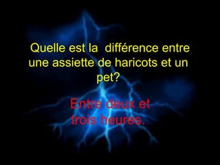 Quelle est la  différence entre une assiette de haricots et un  pet?  Entre deux et trois heures.  