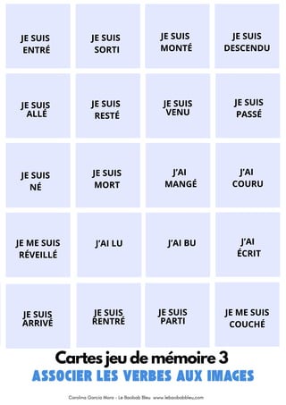 JE SUIS
ENTRÉ
JE SUIS
SORTI
JE SUIS
MONTÉ
JE SUIS
DESCENDU
JE SUIS
NÉ
JE SUIS
MORT
JE SUIS
PASSÉ
JE SUIS
VENU
JE SUIS
RESTÉ
JE SUIS
ALLÉ
J’AI
MANGÉ
J’AI
COURU
JE ME SUIS
RÉVEILLÉ
J’AI LU J’AI BU J’AI
ÉCRIT
JE SUIS
ARRIVÉ
JE SUIS
RENTRÉ
JE SUIS
PARTI
JE ME SUIS
COUCHÉ
Cartes jeu de mémoire 3
Carolina García Mora - Le Baobab Bleu www.lebaobabbleu,com
 
