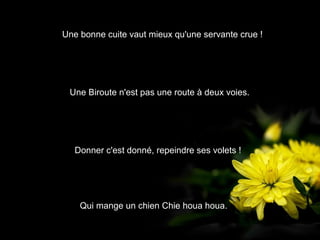 Une bonne cuite vaut mieux qu'une servante crue !




 Une Biroute n'est pas une route à deux voies.




   Donner c'est donné, repeindre ses volets !




    Qui mange un chien Chie houa houa.
 