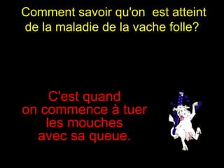 Comment savoir qu'on  est atteint de la maladie de la vache folle?   C'est quand  on commence à tuer  les mouches  avec sa queue.   