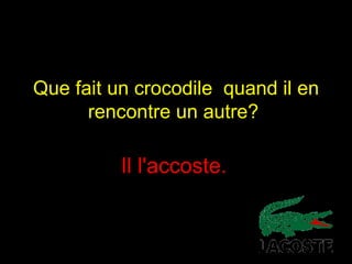 Que fait un crocodile  quand il en rencontre un autre?  Il l'accoste.   