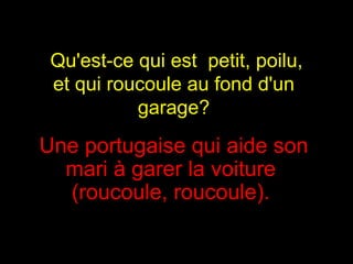 Qu'est-ce qui est  petit, poilu, et qui roucoule au fond d'un  garage?  Une portugaise qui aide son mari à garer la voiture  (roucoule, roucoule).  
