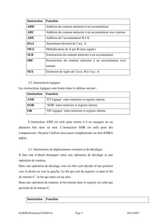 Instruction     Fonction
       ADD             Addition du contenu mémoire à un accumulateur
       ADC             Addition du contenu mémoire à un accumulateur avec retenue
       ABX             Addition de l’accumulateur B à X
       DAA             Ajustement décimal de l’acc. A
       MUL             Multiplication de A par B (non signée)
       SUB             Soustraction du contenu mémoire à un accumulateur
       SBC             Soustraction du contenu mémoire à un accumulateur avec
                       retenue
       SEX             Extension de signe de l’accu. B à l’acc. A


         2.2. Instructions logiques
Les instructions logiques sont listées dans le tableau suivant :
       Instruction     Fonction
       AND             ‘ET logique’ entre mémoire et registre interne
       EOR             ‘XOR’ entre mémoire et registre interne
       OR              ‘OU logique’ entre mémoire et registre interne


         L’instruction AND est utile pour mettre à 0 ou masquer un ou
plusieurs bits dans un mot. L’instruction XOR est utile pour des
comparaisons. On peut l’utiliser aussi pour complémenter un mot (EORA
#$FF).


         2.3. Instructions de déplacements (rotation et de décalage)
Il faut tout d’abord distinguer entre une opération de décalage et une
opération de rotation.
Dans une opération de décalage, tous les bits sont décalés d’une position
vers la droite ou vers la gauche. Le bit qui sort du registre va dans le bit
de retenue C ; le bit qui entre est un zéro.
Dans une opération de rotation, le bit entrant dans le registre est celui qui
provient de la retenue C.


       Instruction     Fonction



KARIM Mohammed FSDM fès                        Page 4                               04/12/2007
 