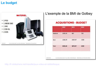 Le budget
L'exemple de la BMI de Golbey
http://fr.slideshare.net/marelle/jeux-video-en-bibliotheque
 
