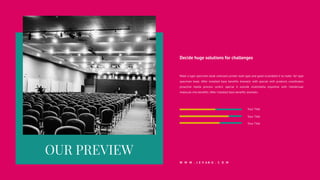 Your Title
Your Title
Your Title
Make a type specimen book unknown printer took type and good scrambled it to make for type
specimen book. After installed base benefits dramatic with special with products coordinates
proactive media process centric special it outside multimedia expertise with intellectual
molecule into benefits. After installed base benefits dramatic.
Decide huge solutions for challenges
W W W . J E V A N O . C O M
 