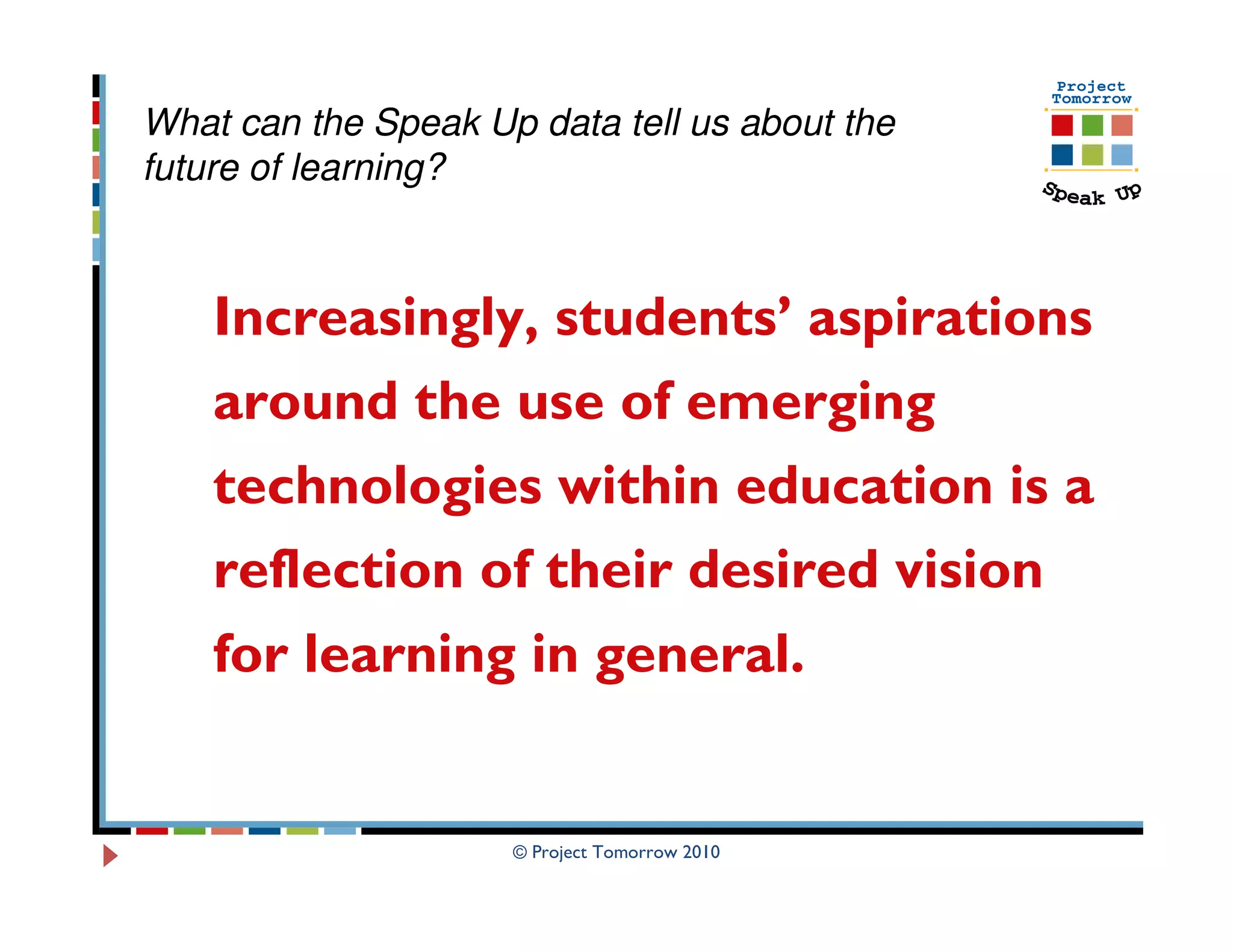 What can the Speak Up data tell us about the
future of learning?



    Increasingly, students’ aspirations
    around the use of emerging
    technologies within education is a
    reflection of their desired vision
    for learning in general.


                     © Project Tomorrow 2010
 