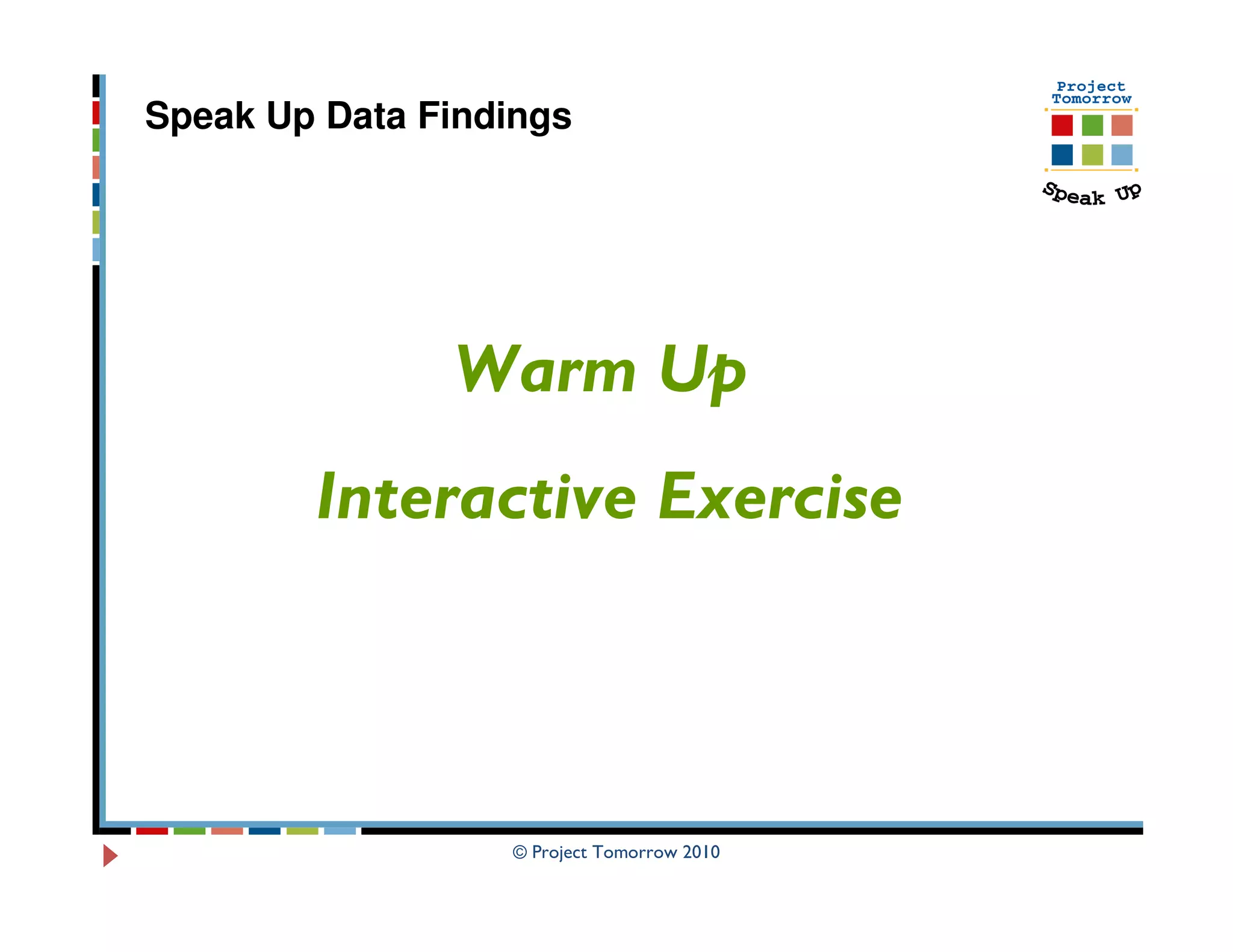 Speak Up Data Findings




               Warm Up
        Interactive Exercise



                  © Project Tomorrow 2010
 