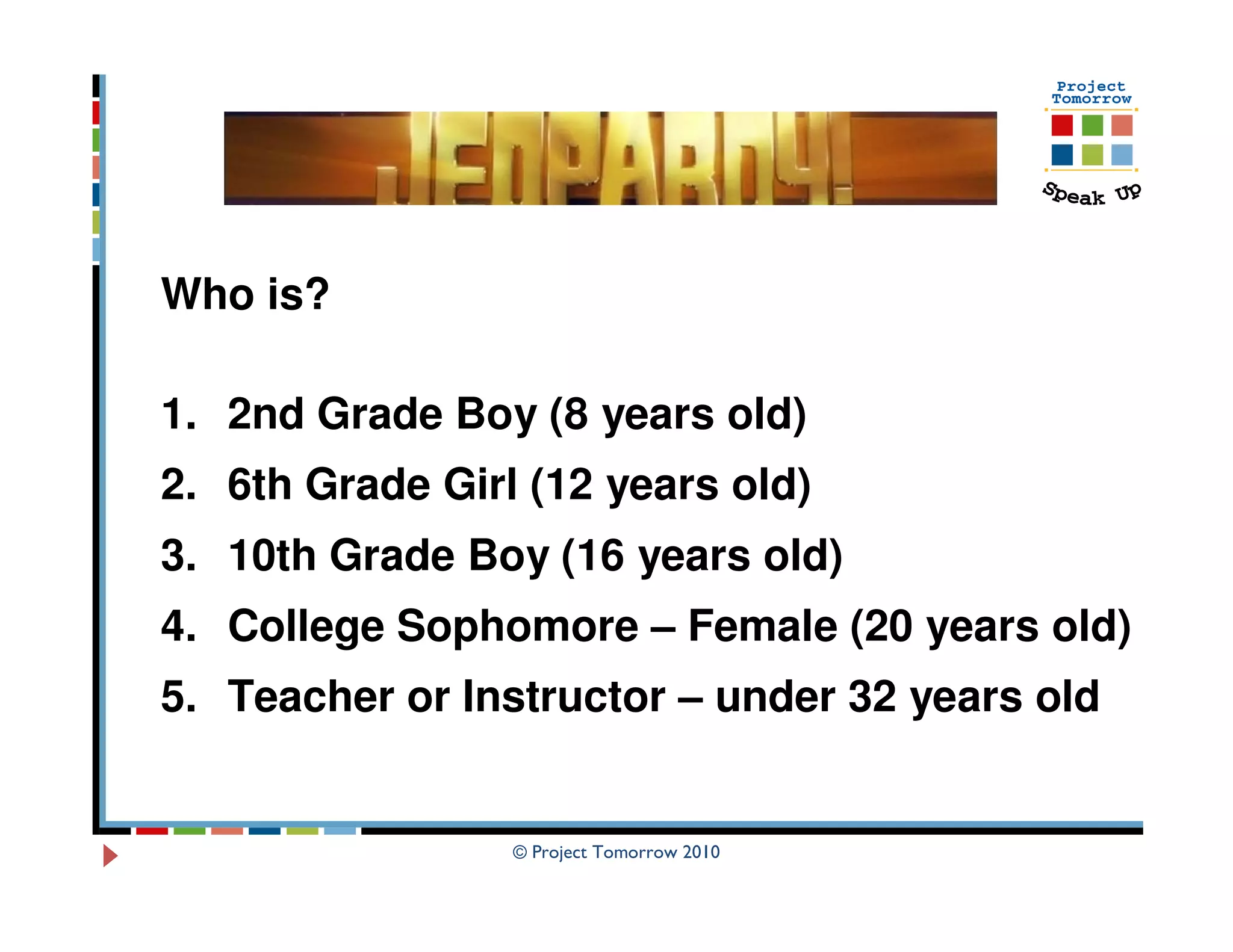 Who is?

1. 2nd Grade Boy (8 years old)
2. 6th Grade Girl (12 years old)
3. 10th Grade Boy (16 years old)
4. College Sophomore – Female (20 years old)
5. Teacher or Instructor – under 32 years old


                 © Project Tomorrow 2010
 