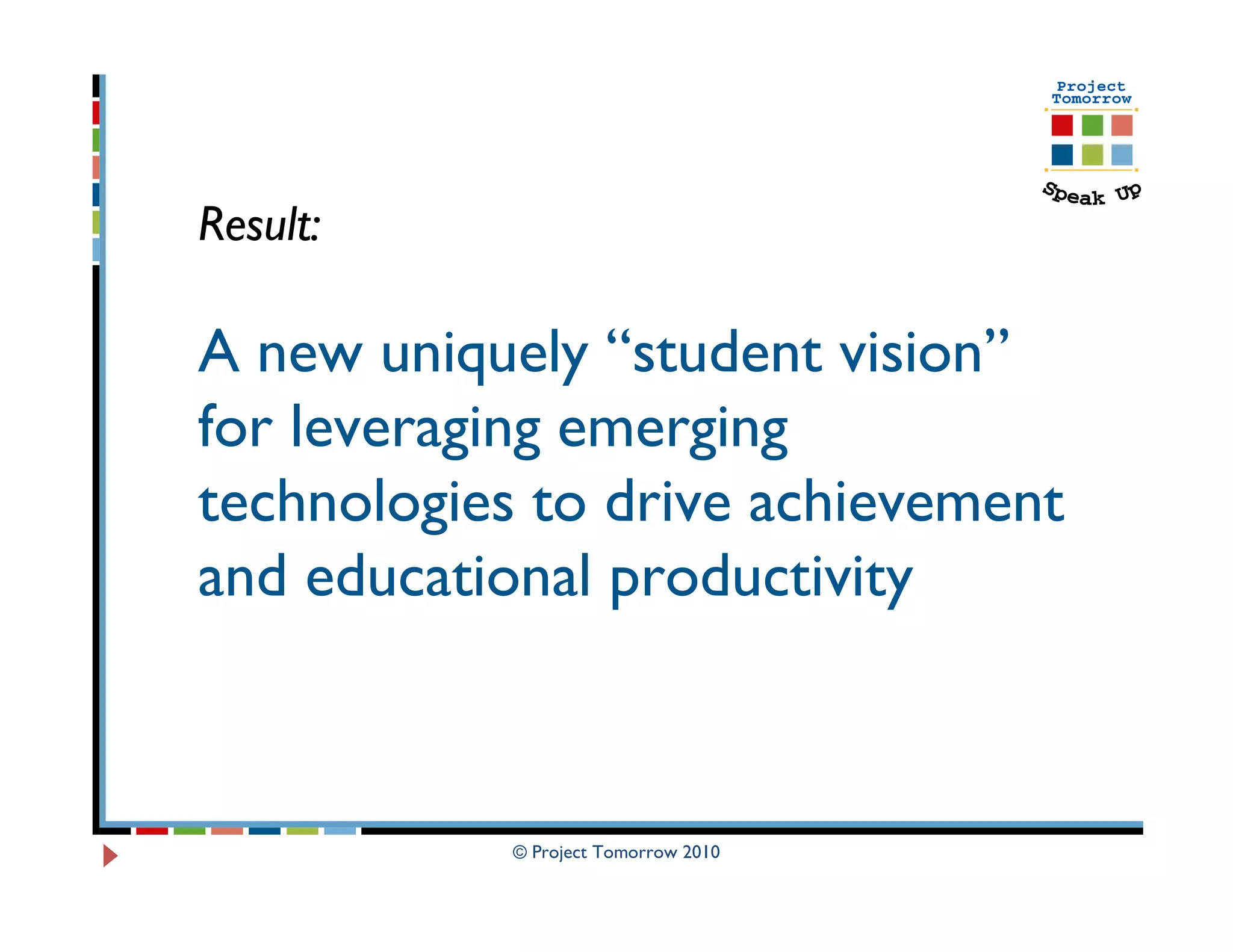 Result:

A new uniquely “student vision”
for leveraging emerging
technologies to drive achievement
and educational productivity



            © Project Tomorrow 2010
 