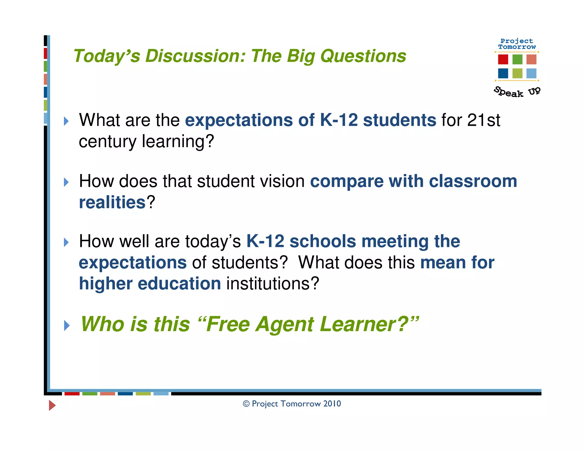 Today’s Discussion: The Big Questions


What are the expectations of K-12 students for 21st
century learning?

How does that student vision compare with classroom
realities?

How well are today’s K-12 schools meeting the
expectations of students? What does this mean for
higher education institutions?

Who is this “Free Agent Learner?”


                   © Project Tomorrow 2010
 