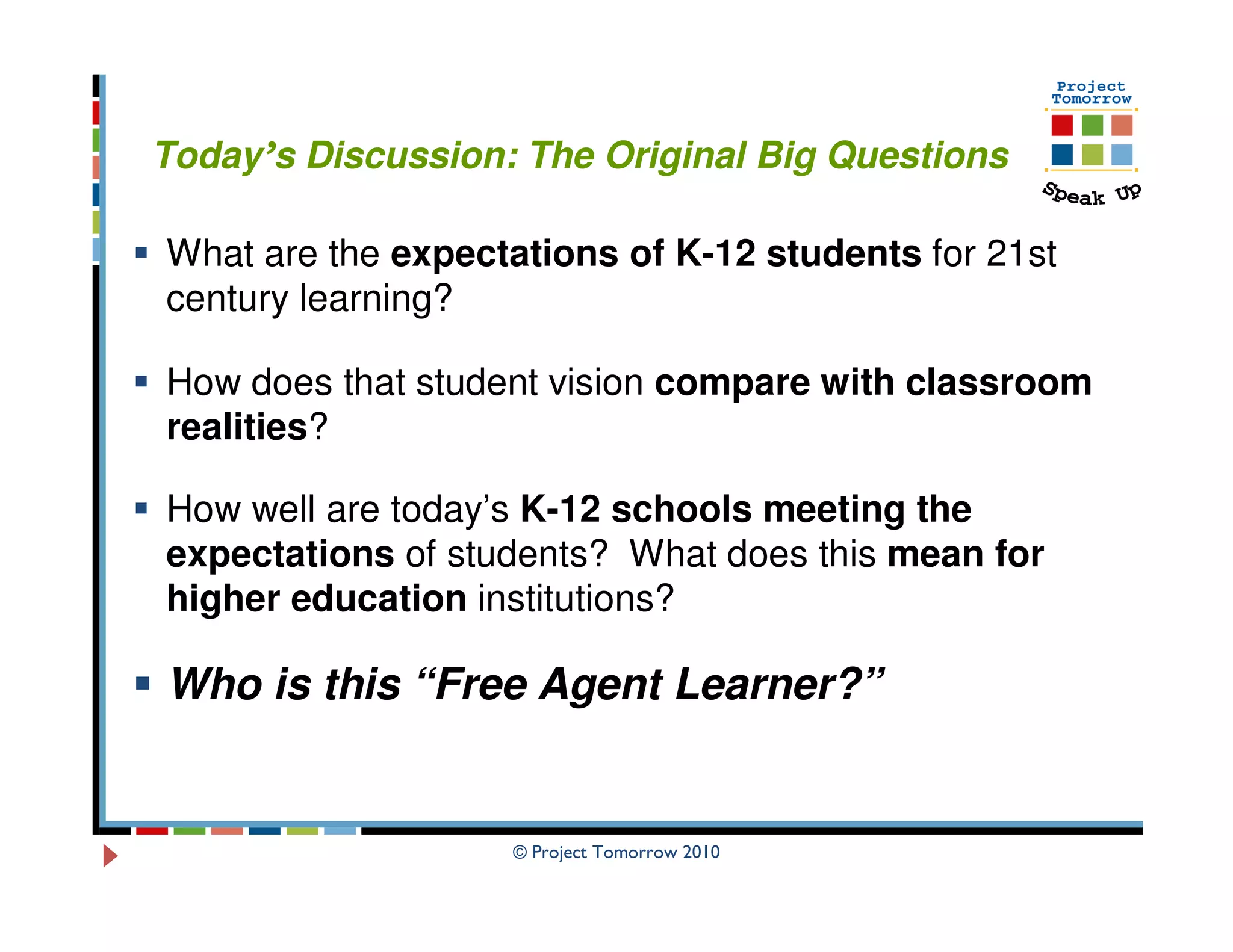 Today’s Discussion: The Original Big Questions

What are the expectations of K-12 students for 21st
century learning?

How does that student vision compare with classroom
realities?

How well are today’s K-12 schools meeting the
expectations of students? What does this mean for
higher education institutions?

Who is this “Free Agent Learner?”


                   © Project Tomorrow 2010
 