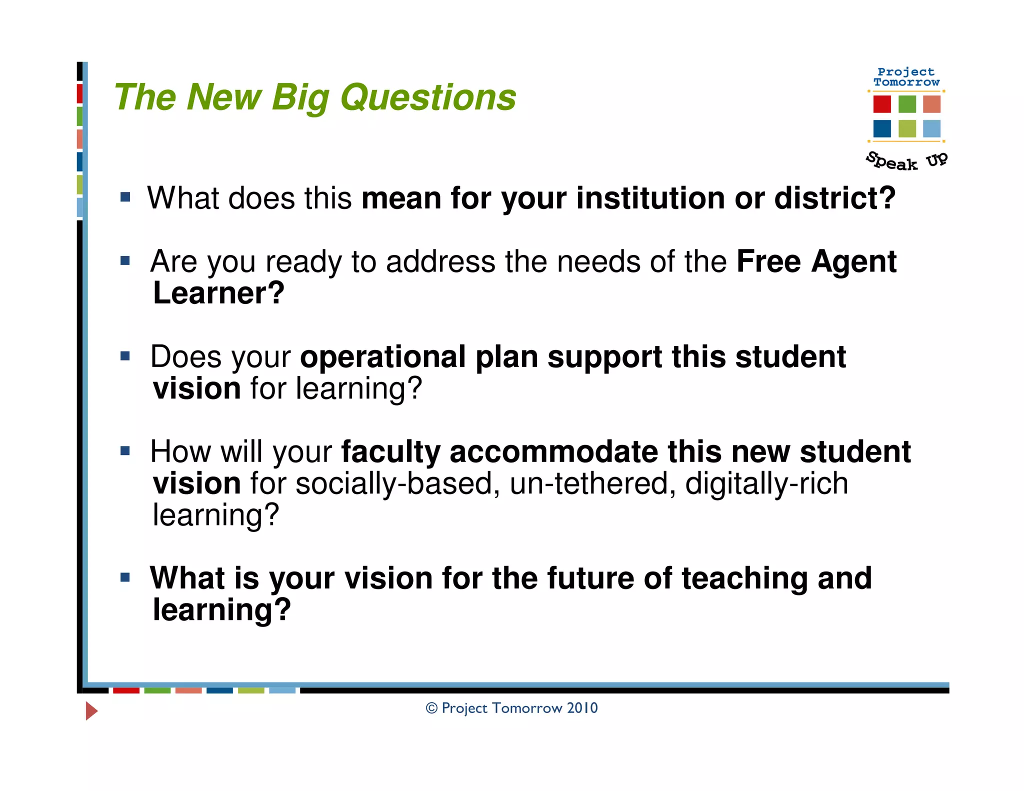 The New Big Questions

 What does this mean for your institution or district?

  Are you ready to address the needs of the Free Agent
  Learner?

  Does your operational plan support this student
  vision for learning?

  How will your faculty accommodate this new student
  vision for socially-based, un-tethered, digitally-rich
  learning?

  What is your vision for the future of teaching and
  learning?

                     © Project Tomorrow 2010
 