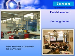L’établissement
d'enseignement
Top ventilation for top chefs
Hottes d’extraction JLI avec filtres
JCE et UV lampes
 