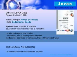 Entreprise JEVEN Group
Fondée à Mikkeli (1989)
Bureau principal: Mikkeli, en FinlandeMikkeli, en Finlande
Filiale: Zederhamn, SuèdeZederhamn, Suède
Spécialisation: novateur et efficace
équipement dans le domaine de la ventilation
Le principal segment de produit:
- Ventilation pour cuisines professionnelles
(hottes avec des filtres cycloniques JCE ou filtres TurboSwing)
Chiffre d'affaires: 7 M EUR (2012)
La coopération internationale dans 23 pays
http://www.youtube.com/watch?v=0CjDTZ5ExyU
Top ventilation for top chefs
 