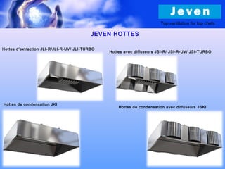 Hottes d’extraction JLI-R/JLI-R-UV/ JLI-TURBO
Hottes avec diffuseurs JSI-R/ JSI-R-UV/ JSI-TURBO
Hottes de condensation JKI
JEVEN HOTTES
Top ventilation for top chefs
Hottes de condensation avec diffuseurs JSKI
 