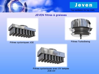 Filtres cycloniques JCE Filtres TurboSwing
JEVEN filtres à graisses
Filtres cycloniques avec UV lampes
JCE-UV
Top ventilation for top chefs
 