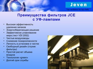 Top ventilation for top chefs
Преимущества фильтров JCE
с УФ-лампами
• Высокая эффективность
удаления запахов
• Энергосберегающее решение
• Эффективное улавливание
жира (тест VDI 2052)
• Чистые воздуховоды
• Снижение пожароопасности
• Легкость в установке и чистке
• Свободный дизайн (глухие
фильтры)
• Простой расчет объема
воздуха
• Технология «green»
• Долгий срок службы
 