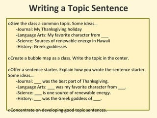 Writing a Topic Sentence
oGive the class a common topic. Some ideas…
-Journal: My Thanksgiving holiday
-Language Arts: My favorite character from ___
-Science: Sources of renewable energy in Hawaii
-History: Greek goddesses
oCreate a bubble map as a class. Write the topic in the center.
oOffer a sentence starter. Explain how you wrote the sentence starter.
Some ideas…
-Journal: ___ was the best part of Thanksgiving.
-Language Arts: ___ was my favorite character from ___.
-Science: ___ is one source of renewable energy.
-History: ___ was the Greek goddess of ___.
oConcentrate on developing good topic sentences.
 