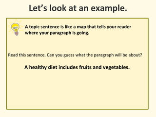 Read this sentence. Can you guess what the paragraph will be about?
A healthy diet includes fruits and vegetables.
Let’s look at an example.
A topic sentence is like a map that tells your reader
where your paragraph is going.
 