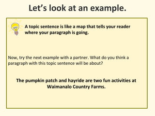 Now, try the next example with a partner. What do you think a
paragraph with this topic sentence will be about?
The pumpkin patch and hayride are two fun activities at
Waimanalo Country Farms.
Let’s look at an example.
A topic sentence is like a map that tells your reader
where your paragraph is going.
 