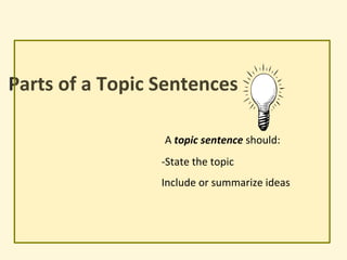 Parts of a Topic Sentences
A topic sentence should:
-State the topic
Include or summarize ideas
 