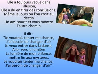 Elle a toujours vécue dans l'illusion,Elle a dû en tirer des conclusions.Même le jours ou l'on croit au destinUn ami sourit et vous montre l'autre cheminIl dit : "Je voudrais tenter ma chance,J'ai besoin de changer d'airJe veux entrer dans la danse,Aller vers la lumièreLa lumière de mon enfance,mettre fin aux mystères,Je voudrais tenter ma chance,J'ai besoin de changer d'air"