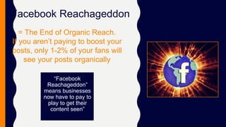 Facebook Reachageddon
“Facebook
Reachageddon”
means businesses
now have to pay to
play to get their
content seen”
= The End of Organic Reach.
If you aren’t paying to boost your
posts, only 1-2% of your fans will
see your posts organically
 