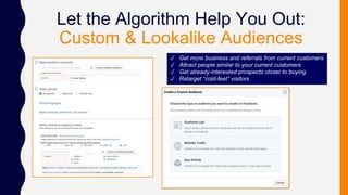 Let the Algorithm Help You Out:
Custom & Lookalike Audiences
✓ Get more business and referrals from current customers
✓ Attract people similar to your current customers
✓ Get already-interested prospects closer to buying
✓ Retarget “cold-feet” visitors
 
