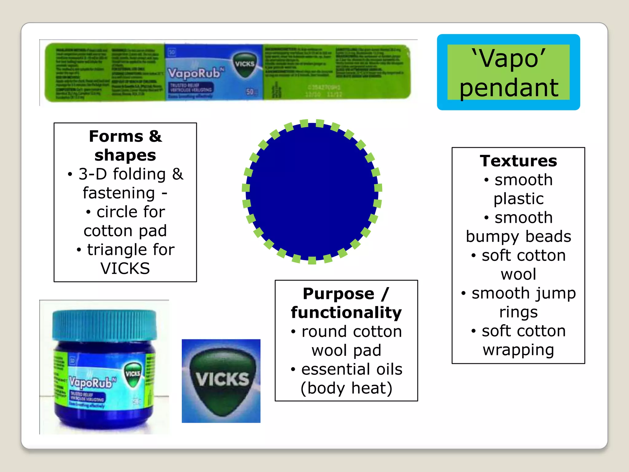 ‘Vapo’
pendant
Forms &
shapes
• 3-D folding &
fastening • circle for
cotton pad
• triangle for
VICKS
Purpose /
functionality
• round cotton
wool pad
• essential oils
(body heat)

Textures
• smooth
plastic
• smooth
bumpy beads
• soft cotton
wool
• smooth jump
rings
• soft cotton
wrapping

 