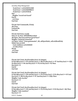 project on visual basic 6.0 ' Jewellery Shop Management' | DOC