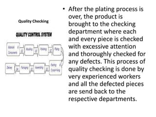 • After the plating process is
                     over, the product is
Quality Checking
                     brought to the checking
                     department where each
                     and every piece is checked
                     with excessive attention
                     and thoroughly checked for
                     any defects. This process of
                     quality checking is done by
                     very experienced workers
                     and all the defected pieces
                     are send back to the
                     respective departments.
 