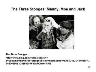 The Three Stooges: Manny, Moe and Jack
The Three Stooges:
http://www.bing.com/videos/search?
q=youtube+the+three+stooges&view=detail&mid=4E765D183D48F098FF3
24E765D183D48F098FF32&FORM=VIRE
60
 