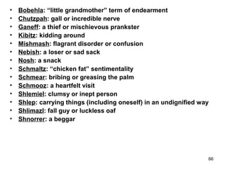 66
• Bobehla: “little grandmother” term of endearment
• Chutzpah: gall or incredible nerve
• Ganeff: a thief or mischievous prankster
• Kibitz: kidding around
• Mishmash: flagrant disorder or confusion
• Nebish: a loser or sad sack
• Nosh: a snack
• Schmaltz: “chicken fat” sentimentality
• Schmear: bribing or greasing the palm
• Schmooz: a heartfelt visit
• Shlemiel: clumsy or inept person
• Shlep: carrying things (including oneself) in an undignified way
• Shlimazl: fall guy or luckless oaf
• Shnorrer: a beggar
 