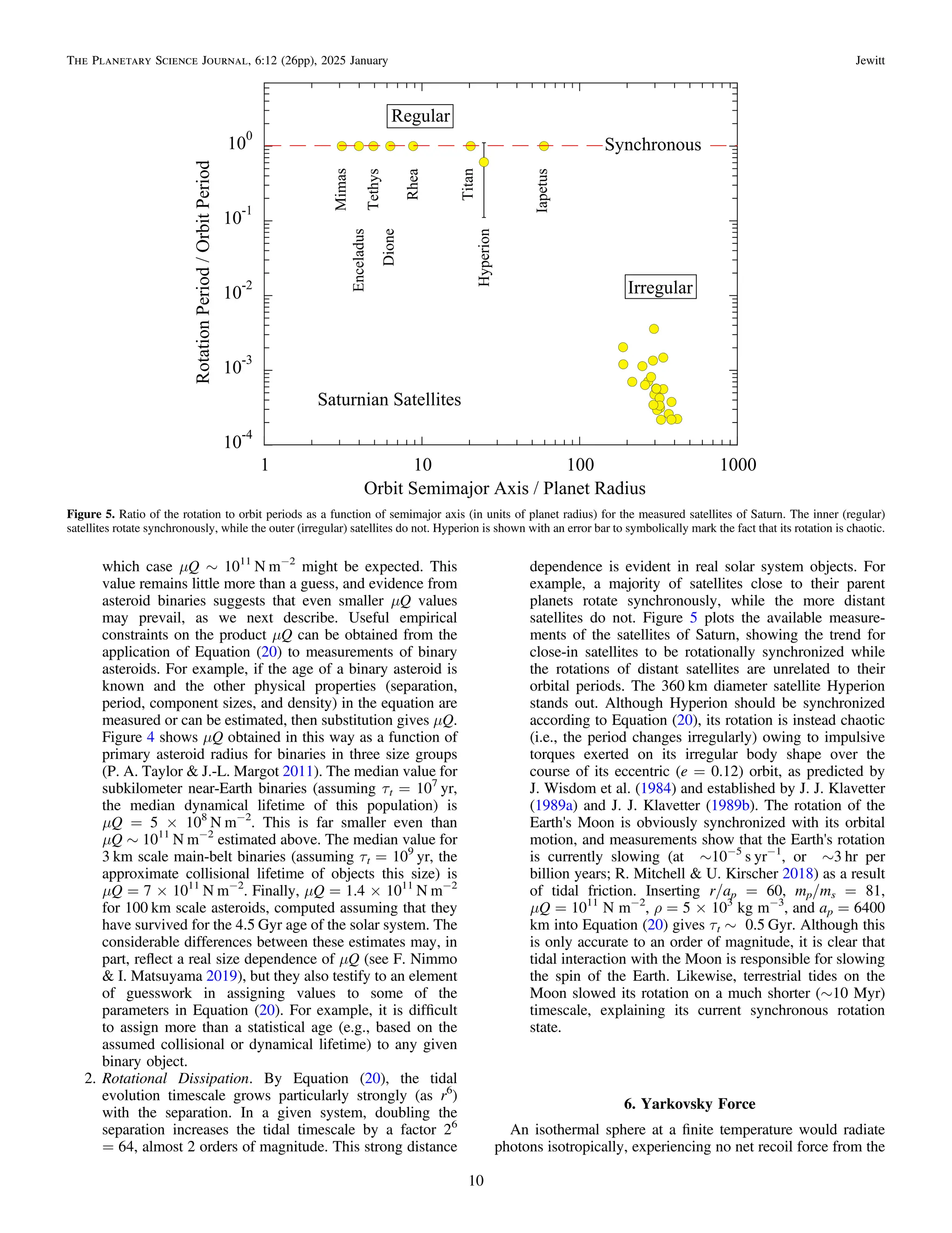 which case μQ ∼ 1011
N m−2
might be expected. This
value remains little more than a guess, and evidence from
asteroid binaries suggests that even smaller μQ values
may prevail, as we next describe. Useful empirical
constraints on the product μQ can be obtained from the
application of Equation (20) to measurements of binary
asteroids. For example, if the age of a binary asteroid is
known and the other physical properties (separation,
period, component sizes, and density) in the equation are
measured or can be estimated, then substitution gives μQ.
Figure 4 shows μQ obtained in this way as a function of
primary asteroid radius for binaries in three size groups
(P. A. Taylor & J.-L. Margot 2011). The median value for
subkilometer near-Earth binaries (assuming τt = 107
yr,
the median dynamical lifetime of this population) is
μQ = 5 × 108
N m−2
. This is far smaller even than
μQ ∼ 1011
N m−2
estimated above. The median value for
3 km scale main-belt binaries (assuming τt = 109
yr, the
approximate collisional lifetime of objects this size) is
μQ = 7 × 1011
N m−2
. Finally, μQ = 1.4 × 1011
N m−2
for 100 km scale asteroids, computed assuming that they
have survived for the 4.5 Gyr age of the solar system. The
considerable differences between these estimates may, in
part, reﬂect a real size dependence of μQ (see F. Nimmo
& I. Matsuyama 2019), but they also testify to an element
of guesswork in assigning values to some of the
parameters in Equation (20). For example, it is difﬁcult
to assign more than a statistical age (e.g., based on the
assumed collisional or dynamical lifetime) to any given
binary object.
2. Rotational Dissipation. By Equation (20), the tidal
evolution timescale grows particularly strongly (as r6
)
with the separation. In a given system, doubling the
separation increases the tidal timescale by a factor 26
= 64, almost 2 orders of magnitude. This strong distance
dependence is evident in real solar system objects. For
example, a majority of satellites close to their parent
planets rotate synchronously, while the more distant
satellites do not. Figure 5 plots the available measure-
ments of the satellites of Saturn, showing the trend for
close-in satellites to be rotationally synchronized while
the rotations of distant satellites are unrelated to their
orbital periods. The 360 km diameter satellite Hyperion
stands out. Although Hyperion should be synchronized
according to Equation (20), its rotation is instead chaotic
(i.e., the period changes irregularly) owing to impulsive
torques exerted on its irregular body shape over the
course of its eccentric (e = 0.12) orbit, as predicted by
J. Wisdom et al. (1984) and established by J. J. Klavetter
(1989a) and J. J. Klavetter (1989b). The rotation of the
Earth's Moon is obviously synchronized with its orbital
motion, and measurements show that the Earth's rotation
is currently slowing (at ∼10−5
s yr−1
, or ∼3 hr per
billion years; R. Mitchell & U. Kirscher 2018) as a result
of tidal friction. Inserting r/ap = 60, mp/ms = 81,
μQ = 1011
N m−2
, ρ = 5 × 103
kg m−3
, and ap = 6400
km into Equation (20) gives τt ∼ 0.5 Gyr. Although this
is only accurate to an order of magnitude, it is clear that
tidal interaction with the Moon is responsible for slowing
the spin of the Earth. Likewise, terrestrial tides on the
Moon slowed its rotation on a much shorter (∼10 Myr)
timescale, explaining its current synchronous rotation
state.
6. Yarkovsky Force
An isothermal sphere at a ﬁnite temperature would radiate
photons isotropically, experiencing no net recoil force from the
Figure 5. Ratio of the rotation to orbit periods as a function of semimajor axis (in units of planet radius) for the measured satellites of Saturn. The inner (regular)
satellites rotate synchronously, while the outer (irregular) satellites do not. Hyperion is shown with an error bar to symbolically mark the fact that its rotation is chaotic.
10
The Planetary Science Journal, 6:12 (26pp), 2025 January Jewitt
 