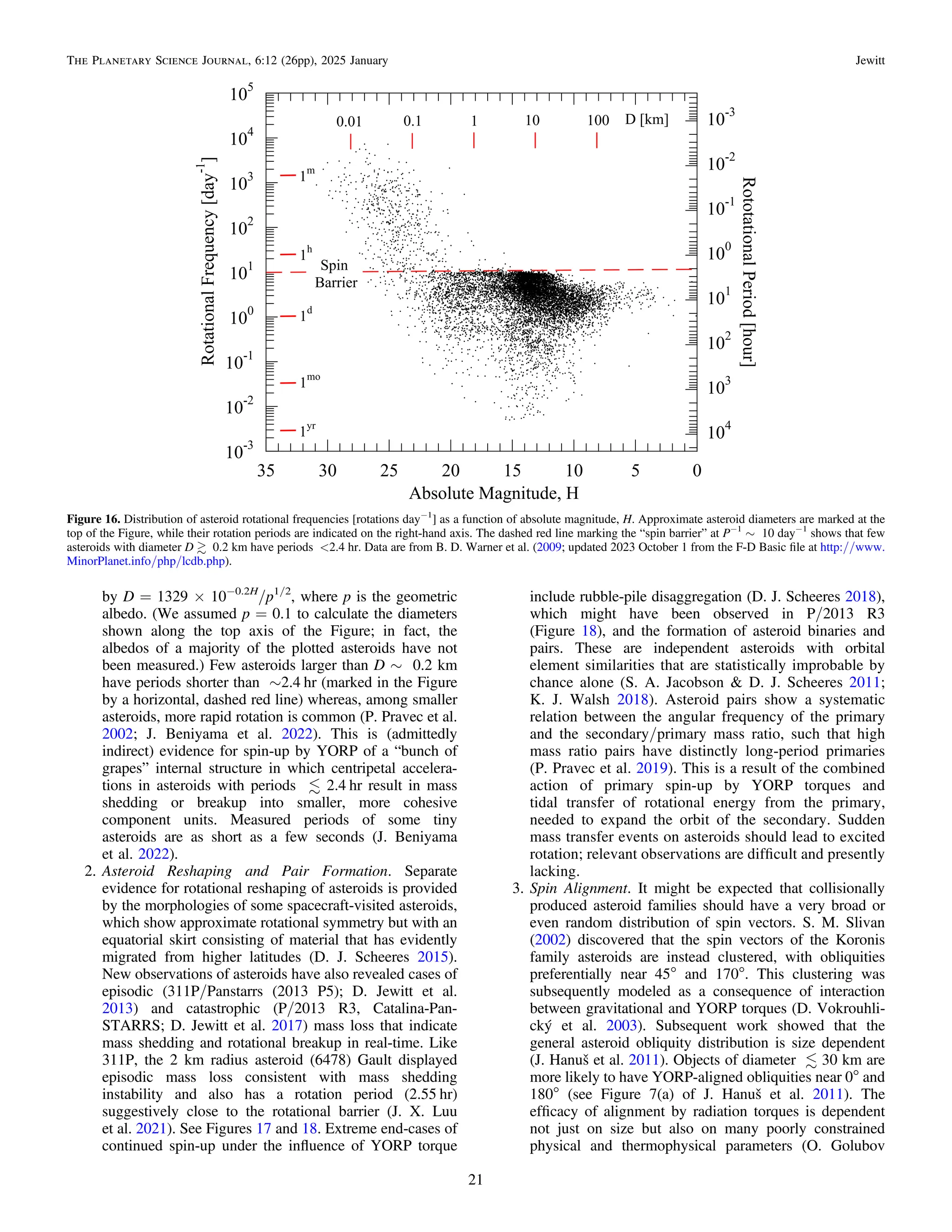 by D = 1329 × 10−0.2H
/p1/2
, where p is the geometric
albedo. (We assumed p = 0.1 to calculate the diameters
shown along the top axis of the Figure; in fact, the
albedos of a majority of the plotted asteroids have not
been measured.) Few asteroids larger than D ∼ 0.2 km
have periods shorter than ∼2.4 hr (marked in the Figure
by a horizontal, dashed red line) whereas, among smaller
asteroids, more rapid rotation is common (P. Pravec et al.
2002; J. Beniyama et al. 2022). This is (admittedly
indirect) evidence for spin-up by YORP of a “bunch of
grapes” internal structure in which centripetal accelera-
tions in asteroids with periods  2.4 hr result in mass
shedding or breakup into smaller, more cohesive
component units. Measured periods of some tiny
asteroids are as short as a few seconds (J. Beniyama
et al. 2022).
2. Asteroid Reshaping and Pair Formation. Separate
evidence for rotational reshaping of asteroids is provided
by the morphologies of some spacecraft-visited asteroids,
which show approximate rotational symmetry but with an
equatorial skirt consisting of material that has evidently
migrated from higher latitudes (D. J. Scheeres 2015).
New observations of asteroids have also revealed cases of
episodic (311P/Panstarrs (2013 P5); D. Jewitt et al.
2013) and catastrophic (P/2013 R3, Catalina-Pan-
STARRS; D. Jewitt et al. 2017) mass loss that indicate
mass shedding and rotational breakup in real-time. Like
311P, the 2 km radius asteroid (6478) Gault displayed
episodic mass loss consistent with mass shedding
instability and also has a rotation period (2.55 hr)
suggestively close to the rotational barrier (J. X. Luu
et al. 2021). See Figures 17 and 18. Extreme end-cases of
continued spin-up under the inﬂuence of YORP torque
include rubble-pile disaggregation (D. J. Scheeres 2018),
which might have been observed in P/2013 R3
(Figure 18), and the formation of asteroid binaries and
pairs. These are independent asteroids with orbital
element similarities that are statistically improbable by
chance alone (S. A. Jacobson & D. J. Scheeres 2011;
K. J. Walsh 2018). Asteroid pairs show a systematic
relation between the angular frequency of the primary
and the secondary/primary mass ratio, such that high
mass ratio pairs have distinctly long-period primaries
(P. Pravec et al. 2019). This is a result of the combined
action of primary spin-up by YORP torques and
tidal transfer of rotational energy from the primary,
needed to expand the orbit of the secondary. Sudden
mass transfer events on asteroids should lead to excited
rotation; relevant observations are difﬁcult and presently
lacking.
3. Spin Alignment. It might be expected that collisionally
produced asteroid families should have a very broad or
even random distribution of spin vectors. S. M. Slivan
(2002) discovered that the spin vectors of the Koronis
family asteroids are instead clustered, with obliquities
preferentially near 45° and 170°. This clustering was
subsequently modeled as a consequence of interaction
between gravitational and YORP torques (D. Vokrouhli-
cký et al. 2003). Subsequent work showed that the
general asteroid obliquity distribution is size dependent
(J. Hanuš et al. 2011). Objects of diameter  30 km are
more likely to have YORP-aligned obliquities near 0° and
180° (see Figure 7(a) of J. Hanuš et al. 2011). The
efﬁcacy of alignment by radiation torques is dependent
not just on size but also on many poorly constrained
physical and thermophysical parameters (O. Golubov
Figure 16. Distribution of asteroid rotational frequencies [rotations day−1
] as a function of absolute magnitude, H. Approximate asteroid diameters are marked at the
top of the Figure, while their rotation periods are indicated on the right-hand axis. The dashed red line marking the “spin barrier” at P−1
∼ 10 day−1
shows that few
asteroids with diameter D  0.2 km have periods <2.4 hr. Data are from B. D. Warner et al. (2009; updated 2023 October 1 from the F-D Basic ﬁle at http://www.
MinorPlanet.info/php/lcdb.php).
21
The Planetary Science Journal, 6:12 (26pp), 2025 January Jewitt
 