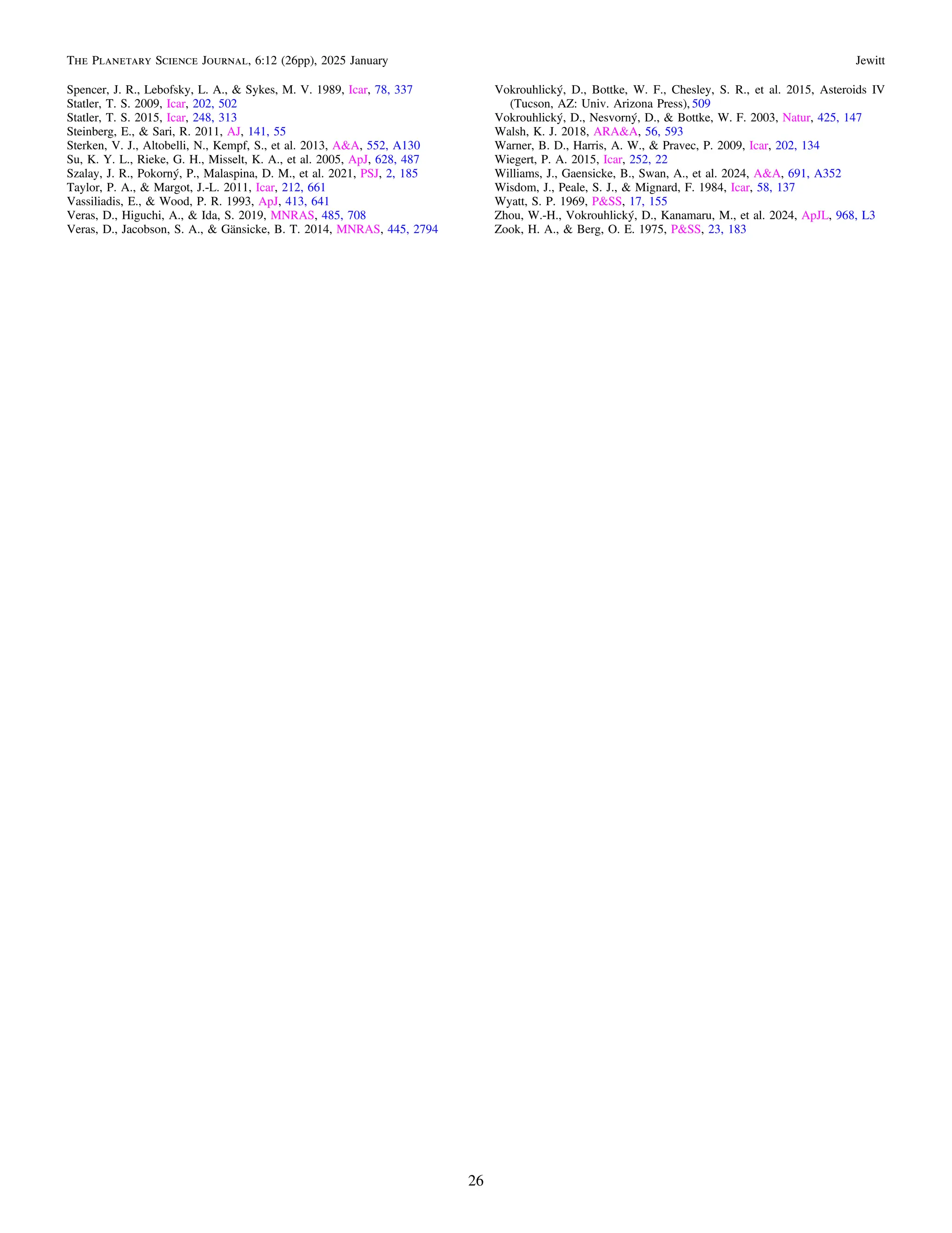 Spencer, J. R., Lebofsky, L. A., & Sykes, M. V. 1989, Icar, 78, 337
Statler, T. S. 2009, Icar, 202, 502
Statler, T. S. 2015, Icar, 248, 313
Steinberg, E., & Sari, R. 2011, AJ, 141, 55
Sterken, V. J., Altobelli, N., Kempf, S., et al. 2013, A&A, 552, A130
Su, K. Y. L., Rieke, G. H., Misselt, K. A., et al. 2005, ApJ, 628, 487
Szalay, J. R., Pokorný, P., Malaspina, D. M., et al. 2021, PSJ, 2, 185
Taylor, P. A., & Margot, J.-L. 2011, Icar, 212, 661
Vassiliadis, E., & Wood, P. R. 1993, ApJ, 413, 641
Veras, D., Higuchi, A., & Ida, S. 2019, MNRAS, 485, 708
Veras, D., Jacobson, S. A., & Gänsicke, B. T. 2014, MNRAS, 445, 2794
Vokrouhlický, D., Bottke, W. F., Chesley, S. R., et al. 2015, Asteroids IV
(Tucson, AZ: Univ. Arizona Press), 509
Vokrouhlický, D., Nesvorný, D., & Bottke, W. F. 2003, Natur, 425, 147
Walsh, K. J. 2018, ARA&A, 56, 593
Warner, B. D., Harris, A. W., & Pravec, P. 2009, Icar, 202, 134
Wiegert, P. A. 2015, Icar, 252, 22
Williams, J., Gaensicke, B., Swan, A., et al. 2024, A&A, 691, A352
Wisdom, J., Peale, S. J., & Mignard, F. 1984, Icar, 58, 137
Wyatt, S. P. 1969, P&SS, 17, 155
Zhou, W.-H., Vokrouhlický, D., Kanamaru, M., et al. 2024, ApJL, 968, L3
Zook, H. A., & Berg, O. E. 1975, P&SS, 23, 183
26
The Planetary Science Journal, 6:12 (26pp), 2025 January Jewitt
 