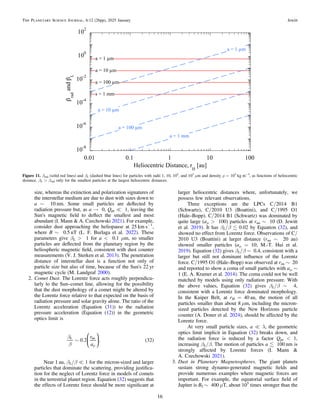 size, whereas the extinction and polarization signatures of
the interstellar medium are due to dust with sizes down to
a ∼ 10 nm. Some small particles are deﬂected by
radiation pressure but, as a → 0, Qpr = 1, leaving the
Sun's magnetic ﬁeld to deﬂect the smallest and most
abundant (I. Mann & A. Czechowski 2021). For example,
consider dust approaching the heliopause at 25 km s−1
,
where B ∼ 0.5 nT (L. F. Burlaga et al. 2022). These
parameters give βL > 1 for a < 0.1 μm, so smaller
particles are deﬂected from the planetary region by the
heliospheric magnetic ﬁeld, consistent with dust counter
measurements (V. J. Sterken et al. 2013). The penetration
distance of interstellar dust is a function not only of
particle size but also of time, because of the Sun's 22 yr
magnetic cycle (M. Landgraf 2000).
2. Comet Dust. The Lorentz force acts roughly perpendicu-
larly to the Sun–comet line, allowing for the possibility
that the dust morphology of a comet might be altered by
the Lorentz force relative to that expected on the basis of
radiation pressure and solar gravity alone. The ratio of the
Lorentz acceleration (Equation (31)) to the radiation
pressure acceleration (Equation (12)) in the geometric
optics limit is
( )
b
b
~
m
r
a
0.2 . 32
L au
⎜ ⎟
⎛
⎝
⎞
⎠
Near 1 au, βL/β = 1 for the micron-sized and larger
particles that dominate the scattering, providing justiﬁca-
tion for the neglect of Lorentz force in models of comets
in the terrestrial planet region. Equation (32) suggests that
the effects of Lorentz force should be more signiﬁcant at
larger heliocentric distances where, unfortunately, we
possess few relevant observations.
Three exceptions are the LPCs C/2014 B1
(Schwartz), C/2010 U3 (Boattini), and C/1995 O1
(Hale–Bopp). C/2014 B1 (Schwartz) was dominated by
quite large (aμ > 100) particles at rau ∼ 10 (D. Jewitt
et al. 2019). It has βL/β  0.02 by Equation (32), and
showed no effect from Lorentz force. Observations of C/
2010 U3 (Boattini) at larger distance (rau ∼ 20 au)
showed smaller particles (aμ = 10; M.-T. Hui et al.
2019). Equation (32) gives βL/β ∼ 0.4, consistent with a
larger but still not dominant inﬂuence of the Lorentz
force. C/1995 O1 (Hale–Bopp) was observed at rau ∼ 20
and reported to show a coma of small particles with aμ ∼
1 (E. A. Kramer et al. 2014). The coma could not be well
matched by models using only radiation pressure. With
the above values, Equation (32) gives βL/β ∼ 4,
consistent with a Lorentz force dominated morphology.
In the Kuiper Belt, at rH = 40 au, the motion of all
particles smaller than about 8 μm, including the micron-
sized particles detected by the New Horizons particle
counter (A. Doner et al. 2024), should be affected by the
Lorentz force.
At very small particle sizes, a = λ, the geometric
optics limit implicit in Equation (32) breaks down, and
the radiation force is reduced by a factor Qpr < 1,
increasing βL/β. The motion of particles a  100 nm is
strongly affected by Lorentz forces (I. Mann &
A. Czechowski 2021).
3. Dust in Planetary Magnetospheres. The giant planets
sustain strong dynamo-generated magnetic ﬁelds and
provide numerous examples where magnetic forces are
important. For example, the equatorial surface ﬁeld of
Jupiter is BJ ∼ 400 μT, about 105
times stronger than the
Figure 11. βrad (solid red lines) and βL (dashed blue lines) for particles with radii 1, 10, 102
, and 103
μm and density ρ = 103
kg m−3
, as functions of heliocentric
distance. βL > βrad only for the smallest particles at the largest heliocentric distances.
16
The Planetary Science Journal, 6:12 (26pp), 2025 January Jewitt
 