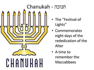 Chanukah - חנוכה The “Festival of Lights” Commemorates eight days of the rededication of the Alter A time to remember the Maccabbees