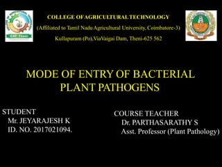 MODE OF ENTRY OF BACTERIAL
PLANT PATHOGENS
COURSE TEACHER
Dr. PARTHASARATHY S
Asst. Professor (Plant Pathology)
STUDENT
Mr. JEYARAJESH K
ID. NO. 2017021094.
COLLEGE OFAGRICULTURALTECHNOLOGY
(Affiliated to Tamil NaduAgricultural University, Coimbatore-3)
Kullapuram (Po),ViaVaigai Dam, Theni-625 562
 