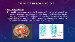 TIPOS DE DEFORMACIÓN
• Deformación Plástica
• Irreversible o permanente, modo de deformación en que el material no
regresa a su forma original después de retirar la carga aplicada. Esto sucede
porque, en la deformación plástica, el material experimenta cambios
termodinámicos irreversibles al adquirir mayor energía potencial elástica. La
deformación plástica es lo contrario a la deformación reversible.
 